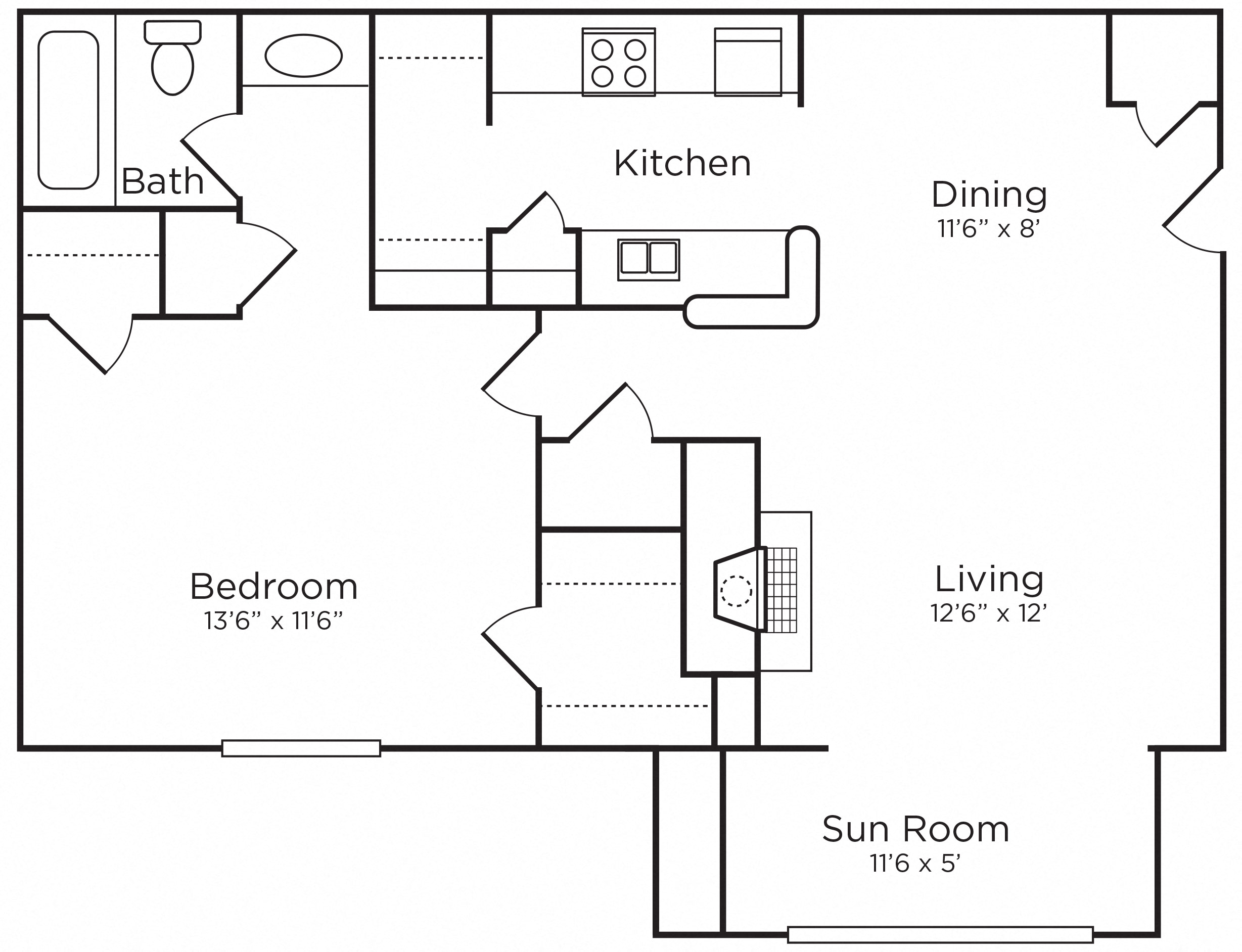 Floor plan for 1 bed, 1 bath, 796 sqft